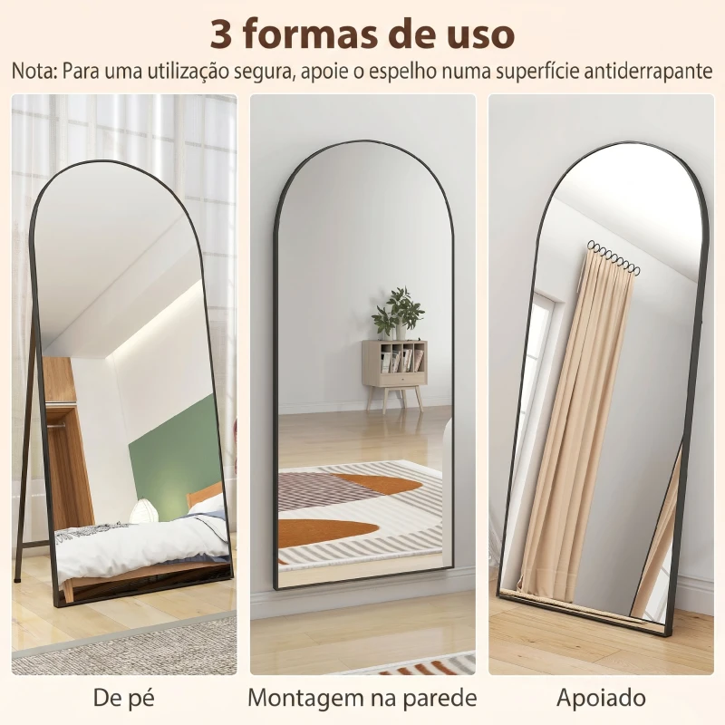HOMCOM Espelho de Corpo Inteiro 180x80 cm Espelho de Pé Arqueado Moldura de Alumínio Independente Apoiado e de Parede Preto