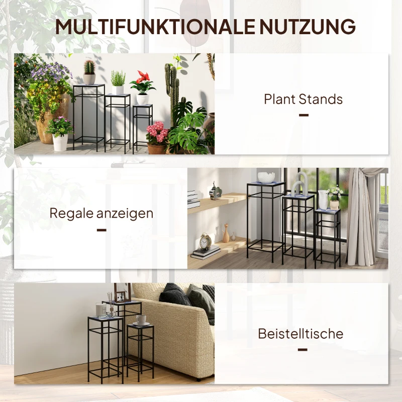 Outsunny Set van 3 Plantenstandaards, 3 Maten Rekken voor het Presenteren van Bloemen en Overige Objecten, Blauw+Wit