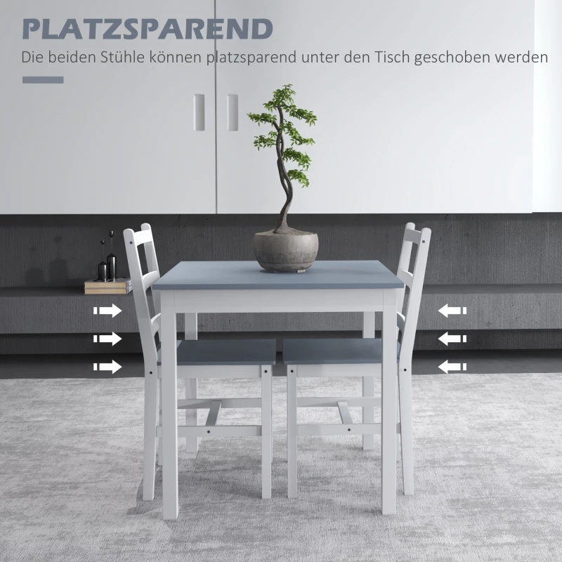 HOMCOM Eethoek voor 2 personen, 2 stoelen, 1 tafel, grenenhout, wit+grijs