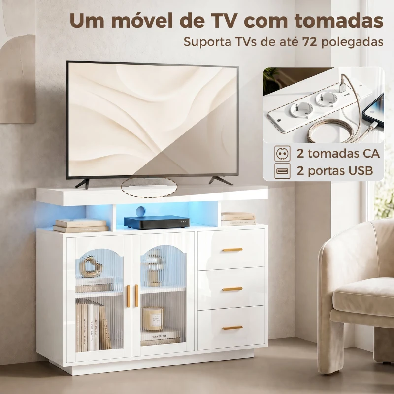 HOMCOM Aparador com LED RGB de 7 Cores, Tomadas, Portas USB, 3 Gavetas, Prateleiras Abertas, 2 Portas, Branco Brilhante, 100x35x80 cm