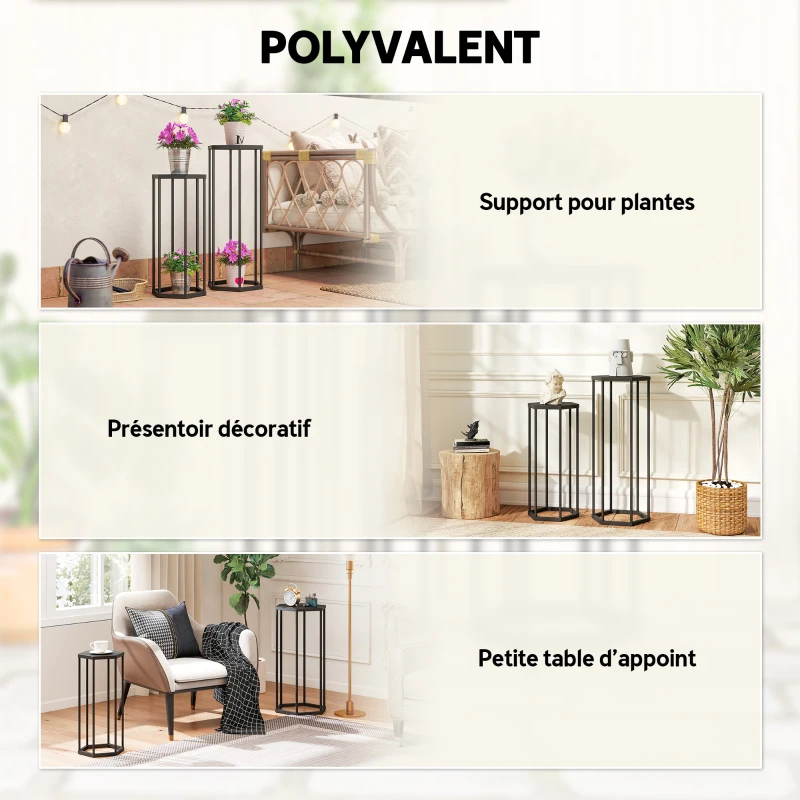 Outsunny Lot de 2 supports pour plantes, tabouret à fleurs hexagonal en métal, intérieur et extérieur, noir