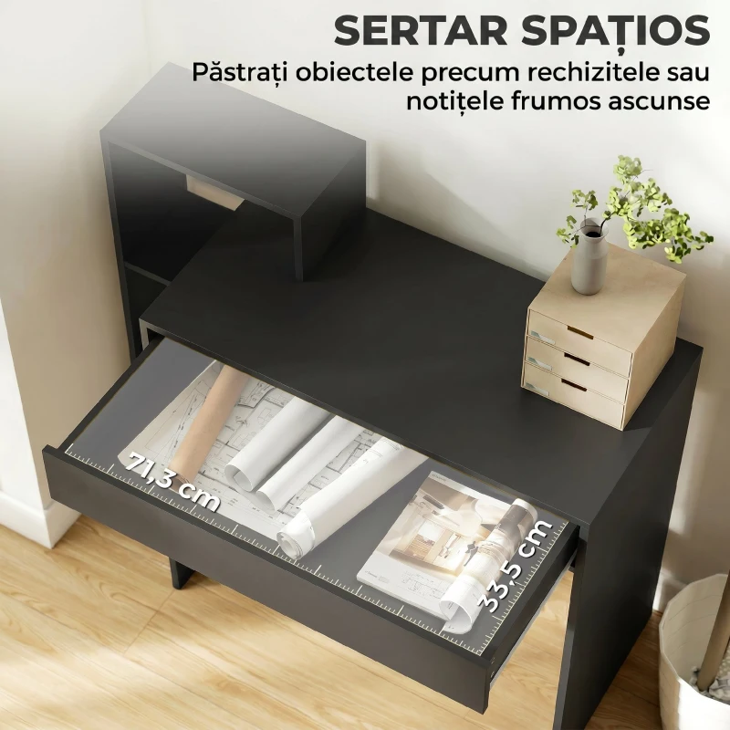 HOMCOM Birou modern compact, birou calculator cu 3 rafturi deschise și sertar mare, birou cu bibliotecă din lemn, pentru birou, studiu și lucrat de acasă, 100x40x90cm, negru