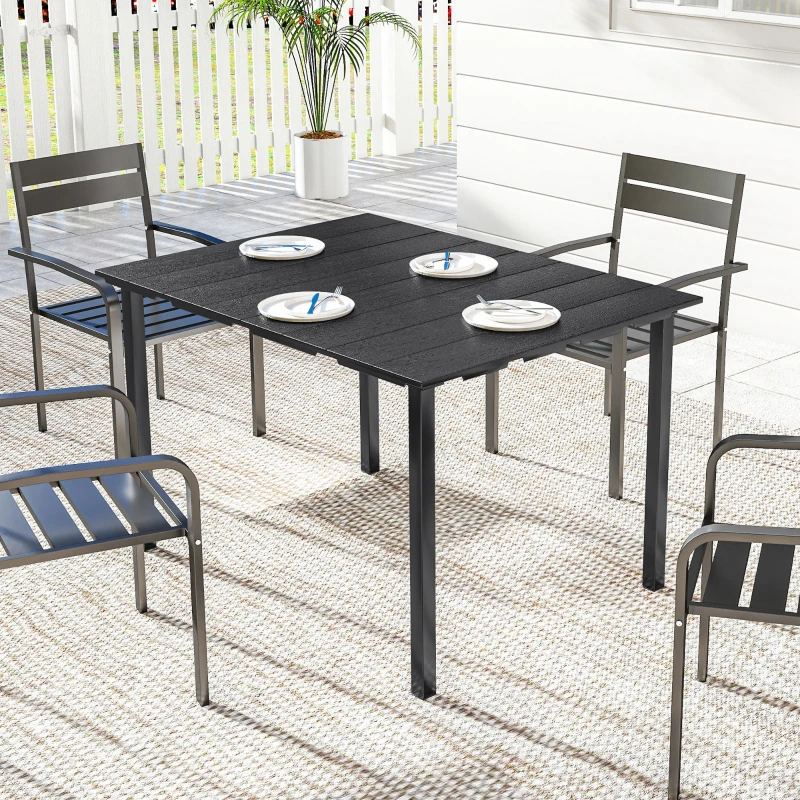 Outsunny Masă de Dining pentru Exterior pentru 4 Persoane, Masă Dreptunghiulară de Grădină cu Blat din HDPE și Cadru Metalic, Neagră