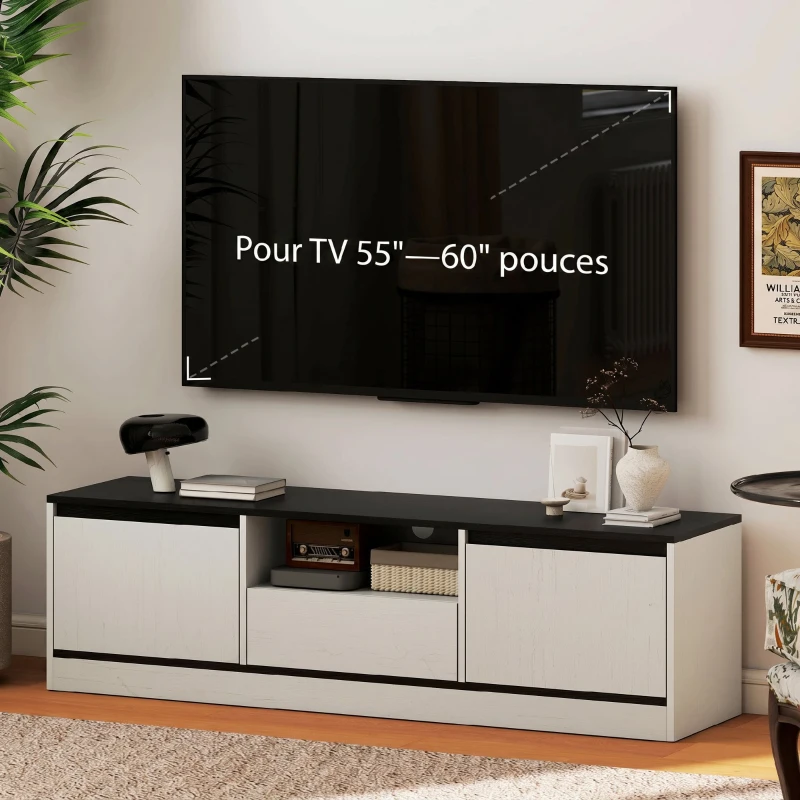 HOMCOM Meuble TV pour Télévision jusqu'à 60" avec 2 Armoires, 1 Étagère Ouverte, 1 Tiroir, Moderne, 140x35x40cm, Noir et Blanc
