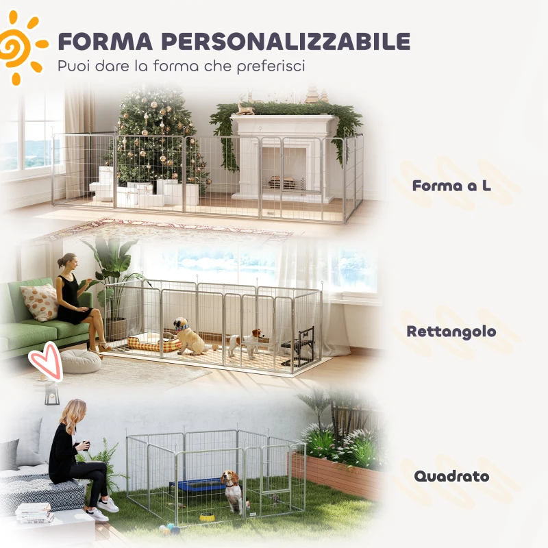 PawHut Recinto per Cani a 8 Pannelli Modulabili Pieghevole con Porta in Acciaio, Altezza 80 cm, Argento