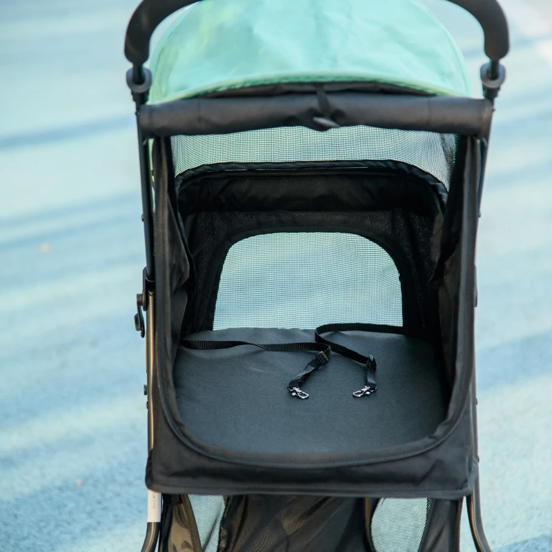 PawHut Huisdierbuggy inklapbaar met regenhoes, 2 drankhouders, blauw + groen
