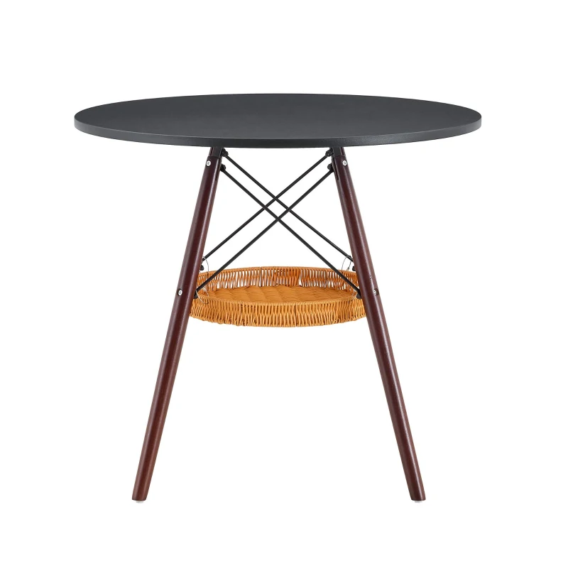 Table ronde 80 cm, idéale pour petits espaces, panier de rangement suspendu tressé, 80x80x71,5 cm, Noyer+Noir