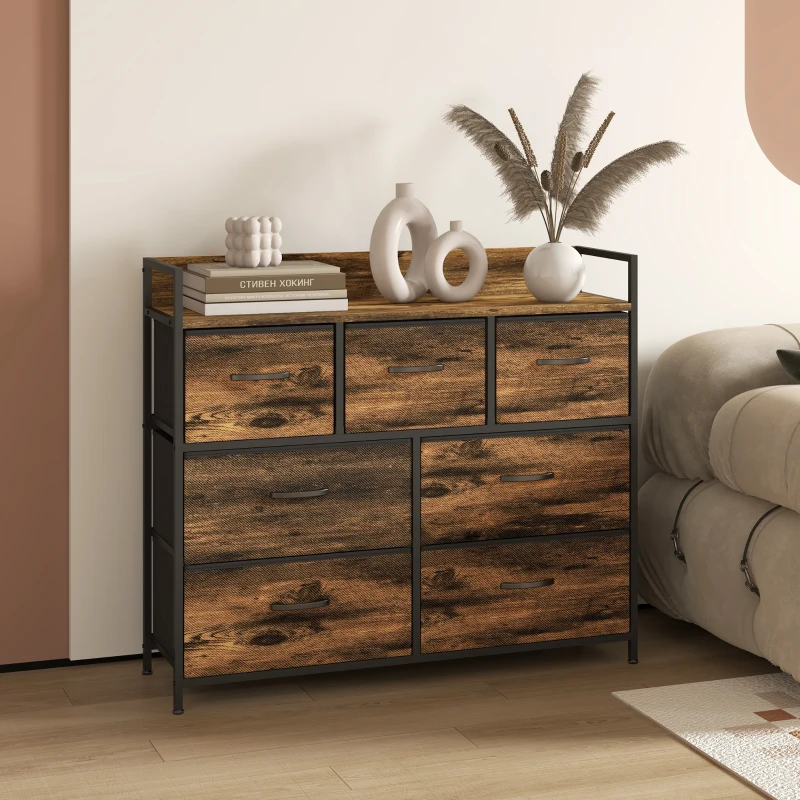 HOMCOM Ladenkast, Dressoir met 7 Stoffen Laden, Industrieel Ontwerp, Stalen Frame, 98x29x85cm, Bruin/Zwart