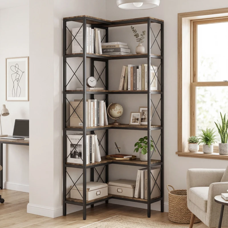 HOMCOM 5-Tier L-Shaped Bookshelf, Freestanding Corner Bookcase with Metal Frame, Rustic Brown