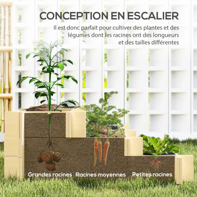 Outsunny Carré Potager de jardin en Bois massif, Jardinière Surélevé en Escalier 3 Niveaux, 93 x 93 x 35 cm, effet Bois Naturel