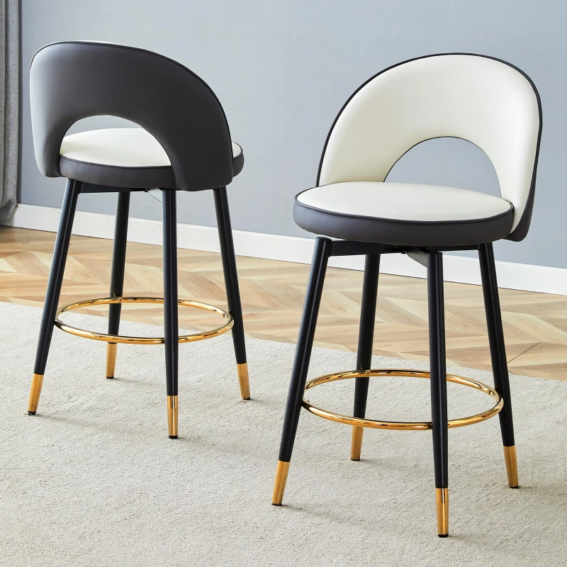 Tabouret de bar pivotant 360°, dossier ajouré design, lot de 2, 44x44x91.5 cm, Gris foncé+Blanc