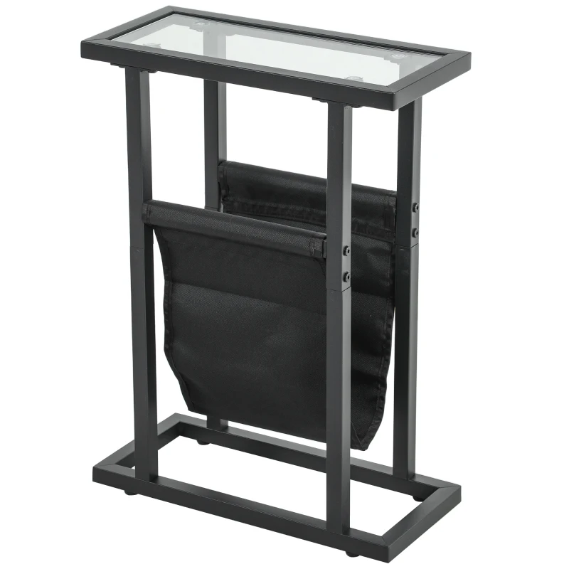 HOMCOM Bijzettafel in Metaal met Stoffen Tas en Glazen Blad, Smalle Tafel voor Woonkamer, Slaapkamer, Zwart