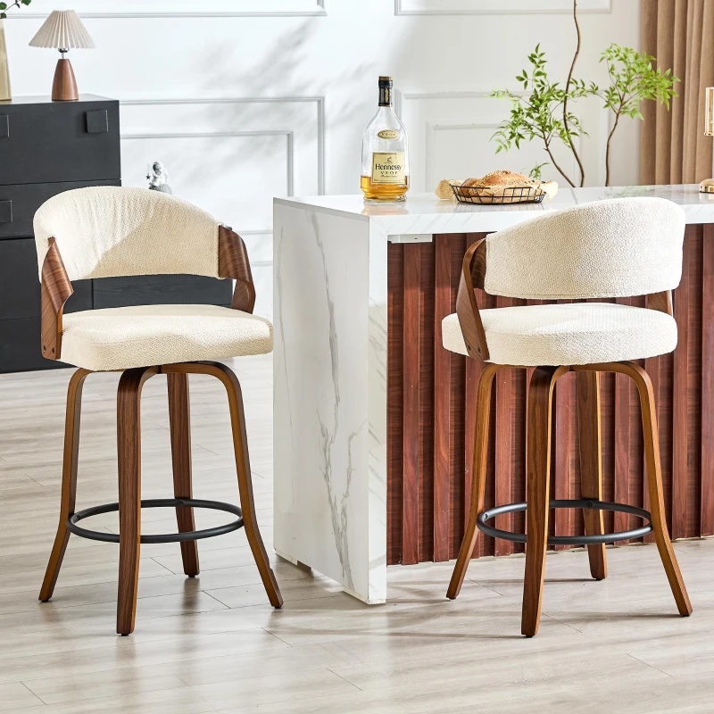 Lot de 2 tabourets de bar avec dossier, design rétro élégant, mousse haute densité et patins antidérapants, 51x42x95 cm, Blanc