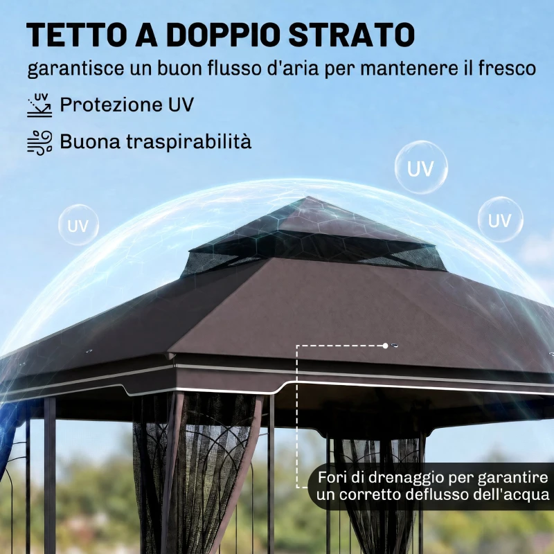 Outsunny Gazebo da Giardino 3x3m con Zanzariera e Tetto a 2 Livelli, Mensole Laterali e Ganci, Caffè