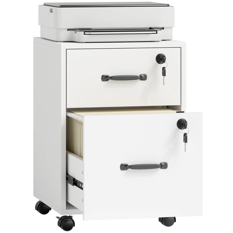 HOMCOM Caisson bureau mobile à 2 tiroirs, meuble rangement bureau sur roulettes pour documents suspendus format lettre, blanc