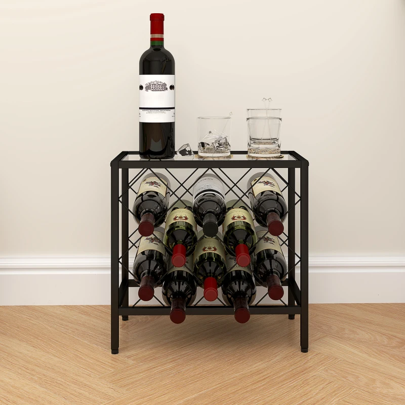 HOMCOM Suport pentru sticle de vin, 10 sticle, din oțel negru, cu blat din sticlă securizată, 41x22x41 cm