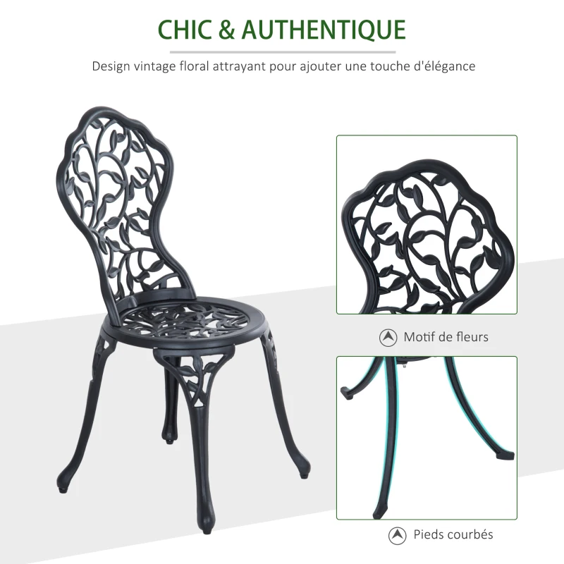 Outsunny Ensemble de bistrot 3 pièces avec 2 chaises et 1 table ronde style antique, pour jardin, terrasse, balcon, noir