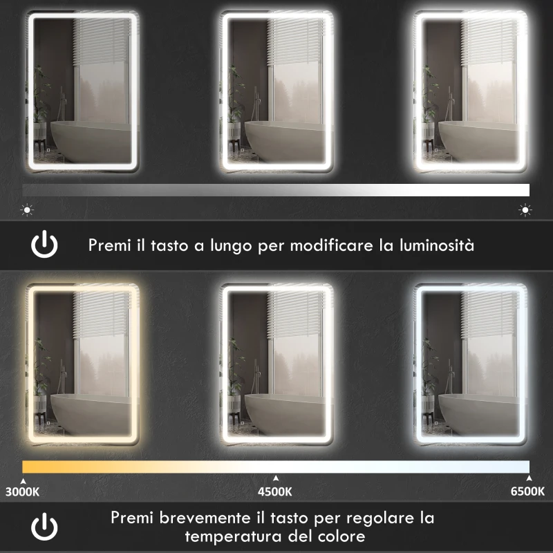 HOMCOM Specchio Bagno con Interruttore Touch, Luce LED a 3 Temperature e Antiappannamento, 70x100cm