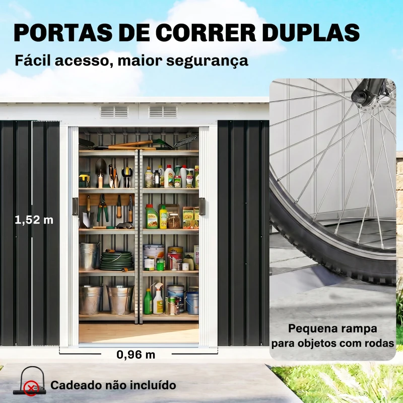 Outsunny Abrigo de Jardim 280x130x172cm Abrigo de Exterior de Aço Galvanizado com Porta Corredeira e Ventilações Cinza Escuro
