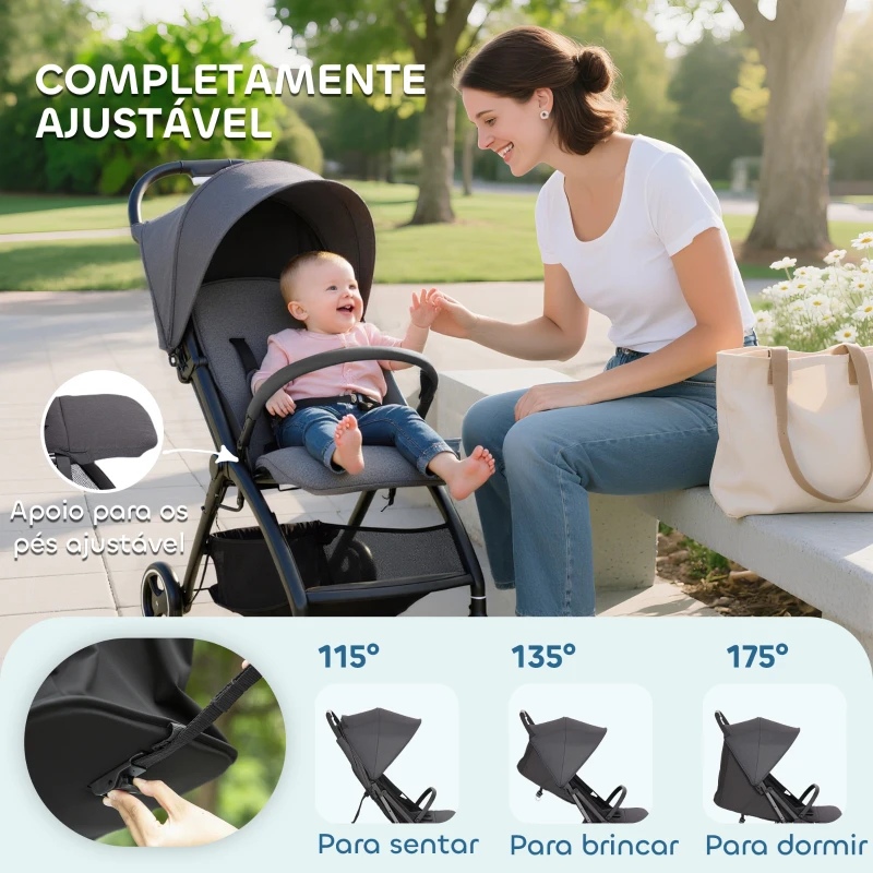 AIYAPLAY Carrinho de Bebé Dobrável com Encosto Reclinável Apoio para os Pés Ajustável Capota Cesto e Arnês Carga 15 kg Cinza Escuro