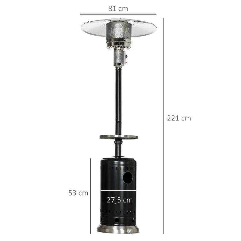 Outsunny Chauffage de terrasse à gaz 13 Kw 30 m² et IP44 chauffage radiant avec roues de transport étagère et protection contre le renversement détendeur et tuyau de gaz fournis alu et acier noir