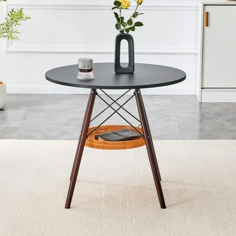 Table ronde 80 cm, idéale pour petits espaces, panier de rangement suspendu tressé, 80x80x71,5 cm, Noyer+Noir
