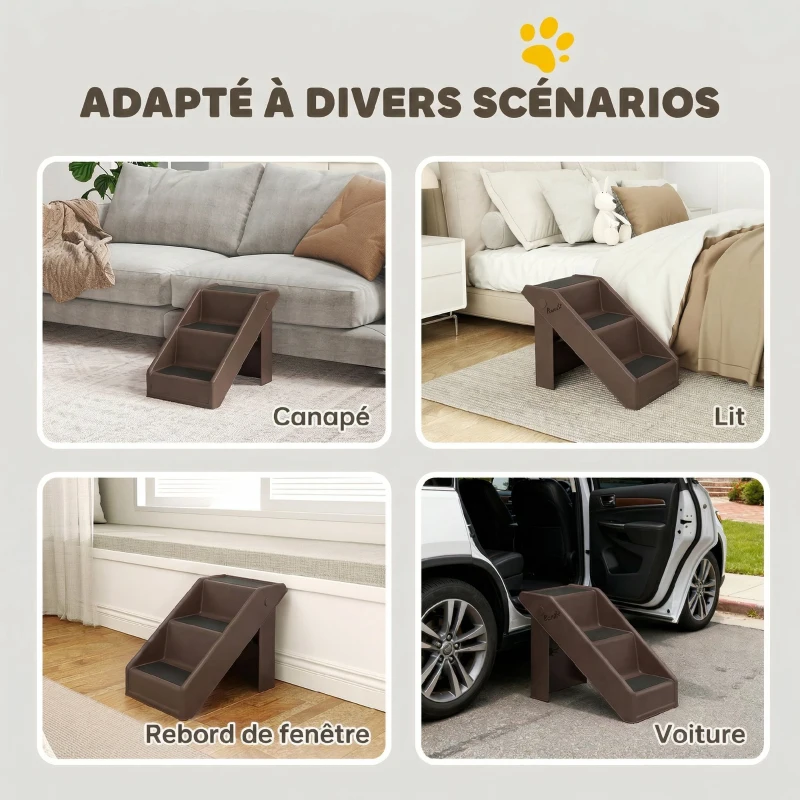 PawHut Escalier pour Chien Pliant à 3 Marches Antidérapantes Escalier pour Animaux en Plastique 53 x 30,5 x 36,5 cm Marron