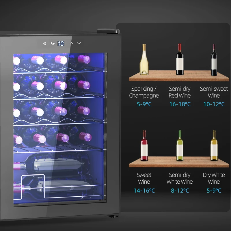 HOMCOM Frigorífico para Vinhos 20 Garrafas com Compressor, Porta Anti-UV, 5-18 °C, Painel Tátil, Luz LED, 39 dB, Preto