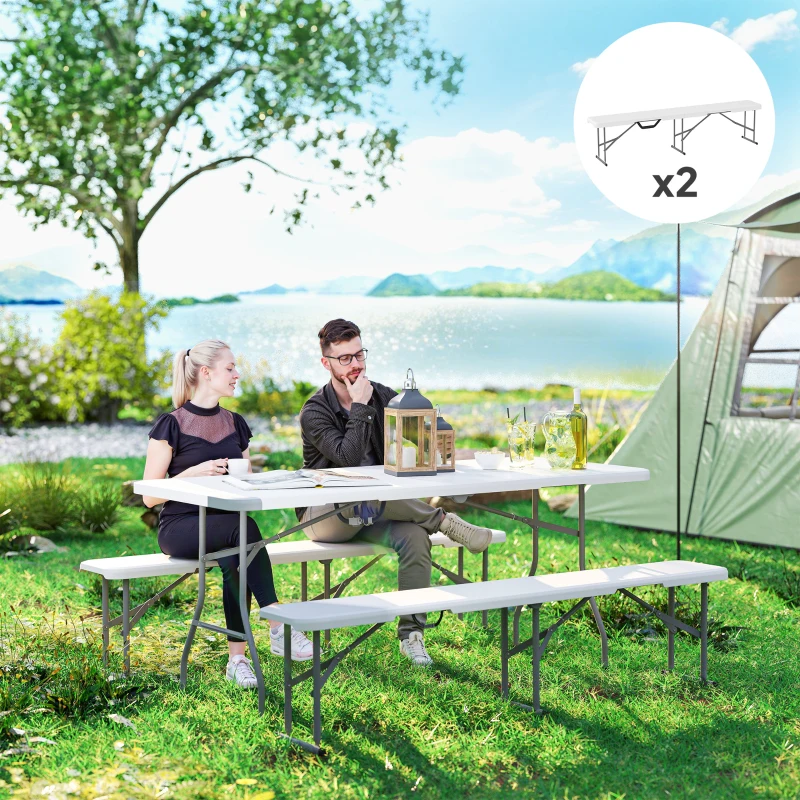 Outsunny Banc de jardin Lot de 2 bancs pliants avec poignée de Transport en Métal et HDPE 182 x 28 x 42 cm Blanc