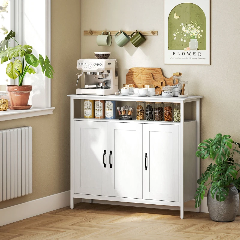 HOMCOM Industrial Kitchen Sideboard with Open Shelf, 2 Cabinets, Adjustable Shelves for Living Room, Dining Room, White