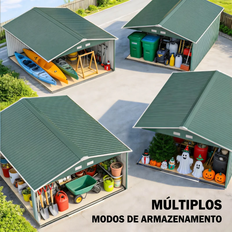 Outsunny Abrigo de Jardim Metálico 340x386x200cm Abrigo para Armazenamento de Ferramentas com Base de Reforço Incluida Verde