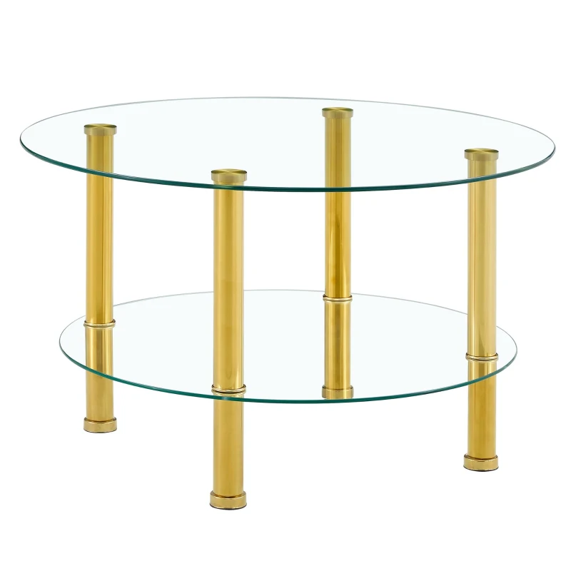Table basse en verre à deux niveaux, design luxe discret, structure métallique robuste, 70x70x42 cm, Transparent
