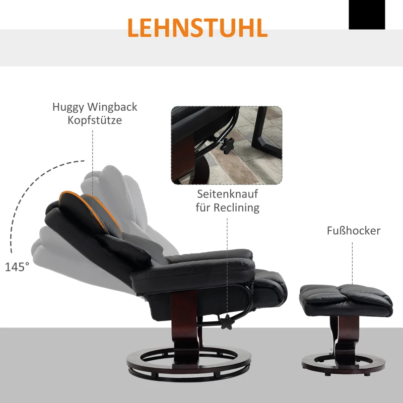 HOMCOM Fauteuil met kruk, ligfunctie, draaibaar, tot 160 kg, kunstleer, metalen frame, zwart, 80 x 79 x 100 cm