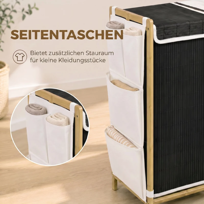 HOMCOM Cesto de Roupa Suja com Tampa 120L de Bambu com 2 Compartimentos Sacos com Cordão Bolsos Laterais Branco e Preto