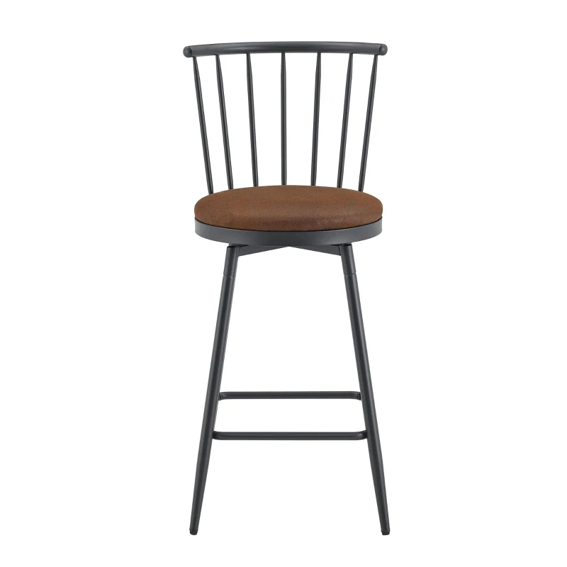 Tabouret de bar style Windsor en métal, assise ronde rembourrée, 39x39x96 cm, Marron