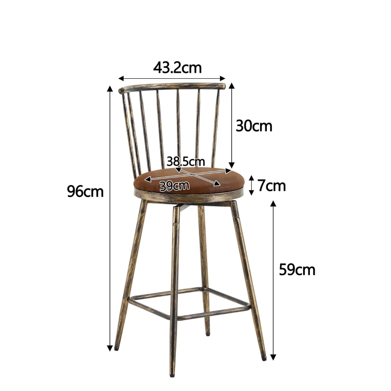 Tabouret de bar style Windsor en métal, assise ronde rembourrée, 39x39x96 cm, Marron