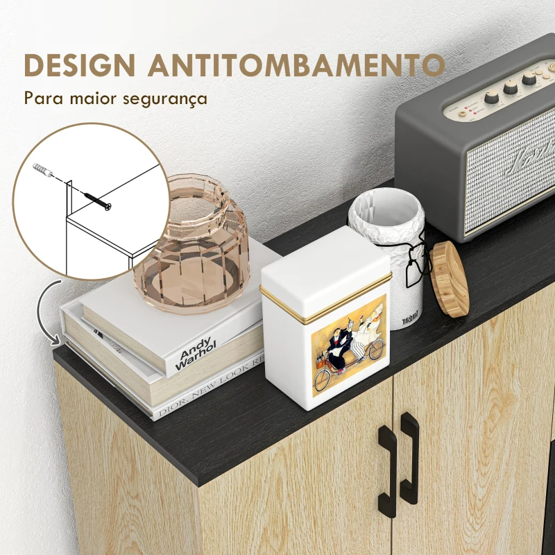 HOMCOM Aparador Estreito de Sala com 2 Portas, 2 Gavetas e Prateleira Ajustável 90x30x75,5 cm Natural e Preto