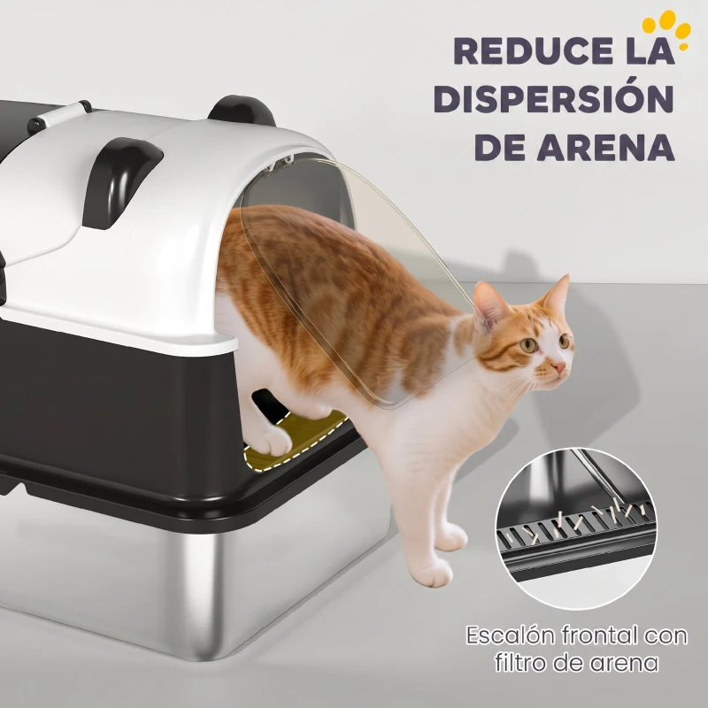 PawHut Arenero para Gatos Grandes Cubierto XL de Acero Inoxidable con Tapa Abatible Pala Bolsa Desodorante Diseño Panda Negro