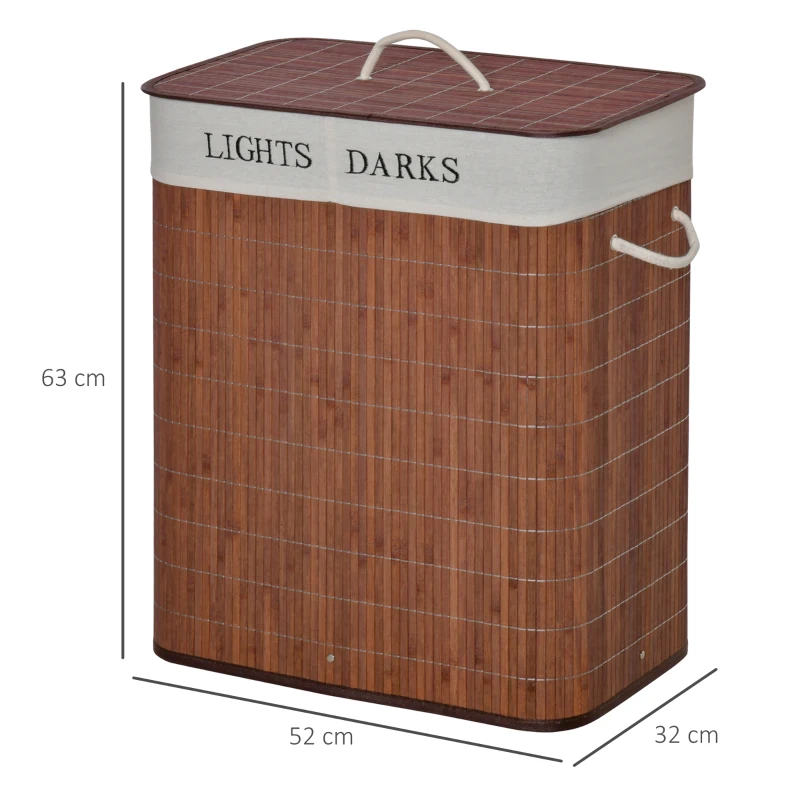 HOMCOM Panier à linge 100L avec 2 bacs bambou pliable couvercle poignée avec Sac amovible et lavable marron