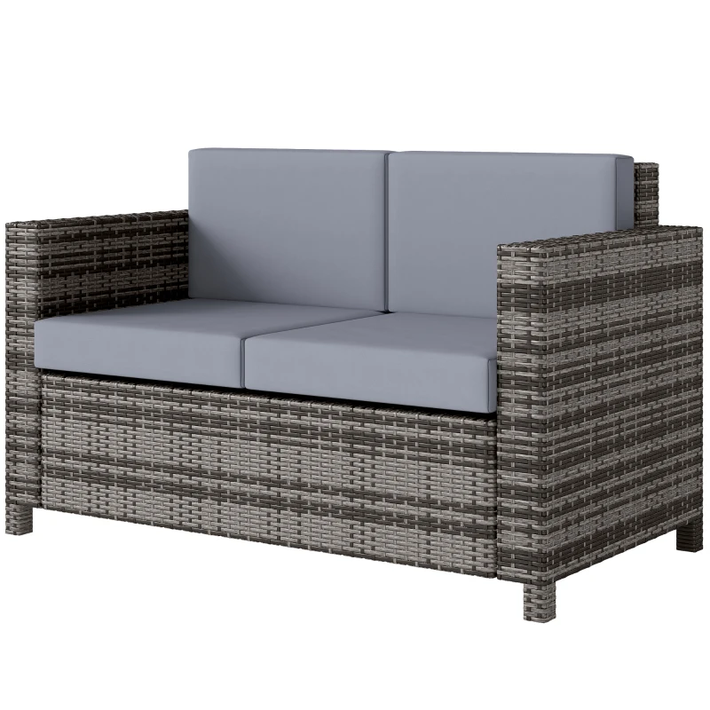 Outsunny Rattan Sofa, 2 Seater Garden Furniture with Soft Padded Cushion and Armrests, Wicker Garden Loveseat for Patio, Mixed Grey