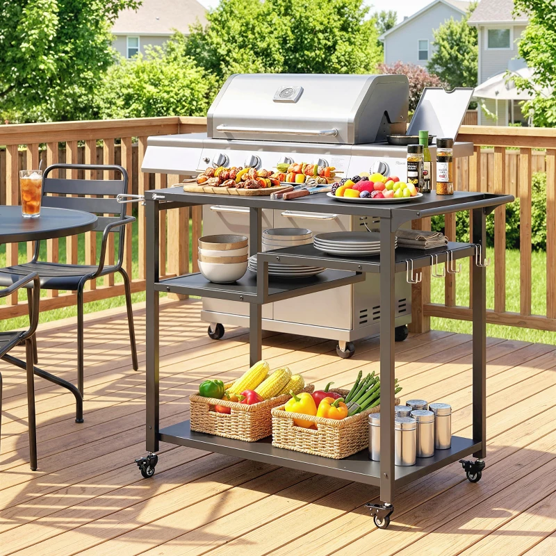 Outsunny Outdoor Grill Cart, Three-Tier Pizza Oven Stand  with Steel Tabletop, Hooks, Rubbish Bag Holder, Wheels, Black