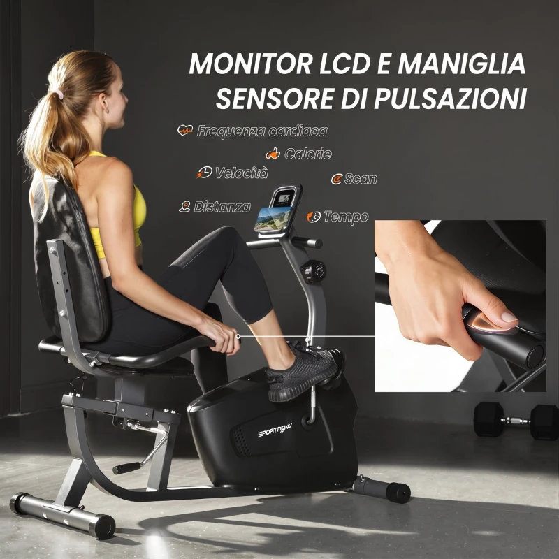 SPORTNOW Cyclette da Casa Recumbent con 8 Livelli di Resistenza Magnetica, Misurazione Pulsazioni, Sellino Regolabile