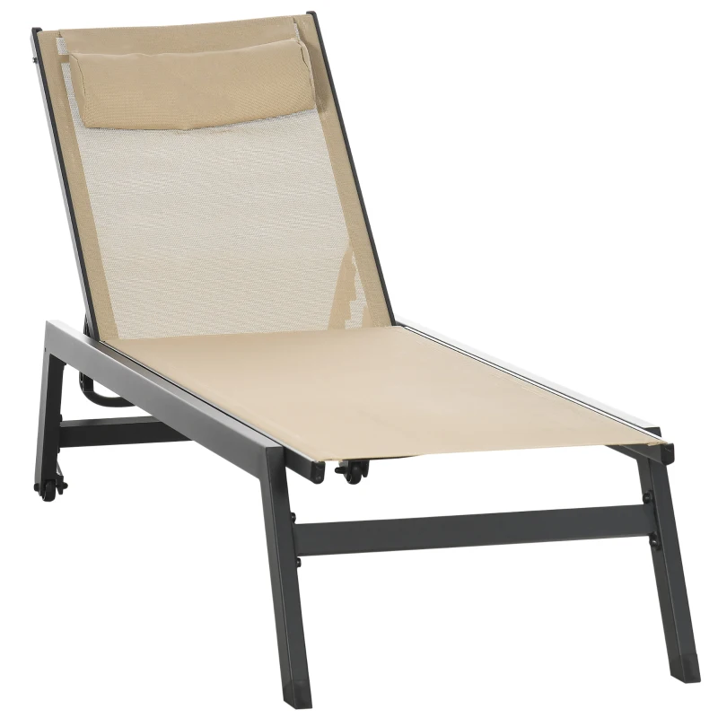 Outsunny Bain de soleil transat en aluminium et textilène avec roulettes et repose-tête dossier inclinable kaki