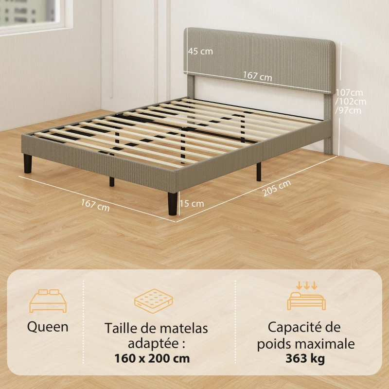 HOMCOM Cadre de lit 160 x 200 cm, sommier à lattes en bois, tête de lit réglable, lit double rembourré en velours côtelé, gris