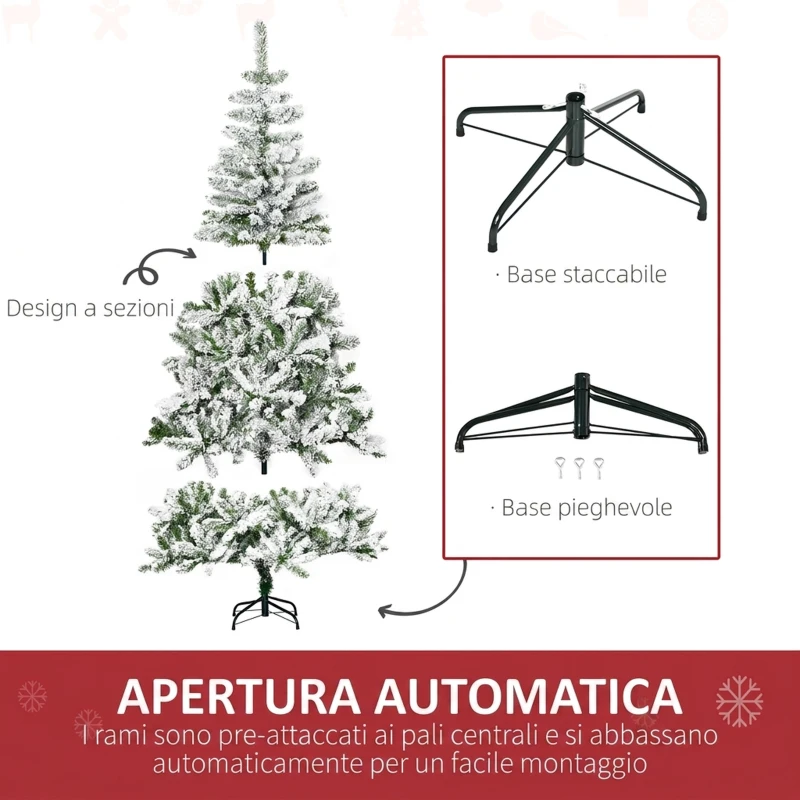 HOMCOM Albero di Natale Innevato Alto 180 cm con 750 Rami Ignifughi e Base in Acciaio, Verde