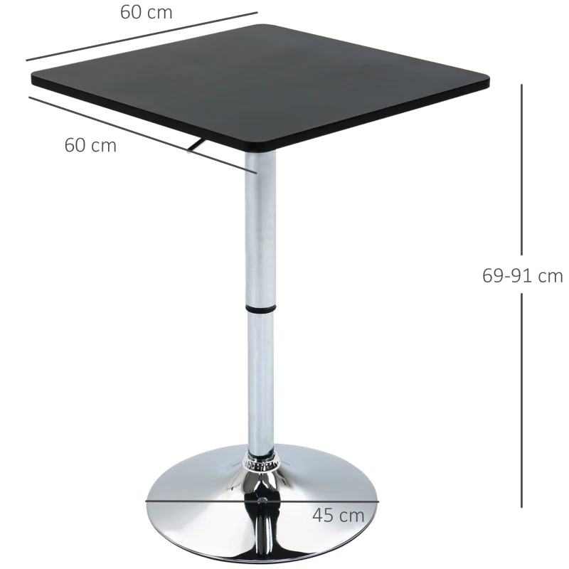 HOMCOM Table de bar table bistro chic style contemporain table carrée pivotante hauteur réglable dim. 60L x 60l x 82-103H cm métal chromé MDF noir