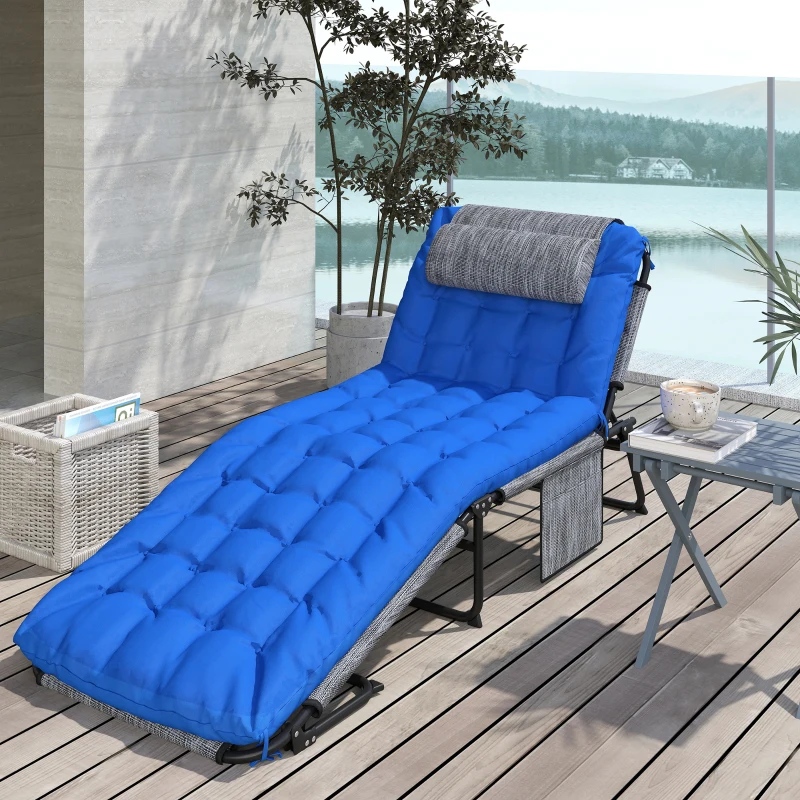 Outsunny Zonneligstoel met 4-Standen Verstelbare Rugleuning, Kussen, Zijvak, Hoofdsteun, 68 x 189 x 30 cm, Blauw