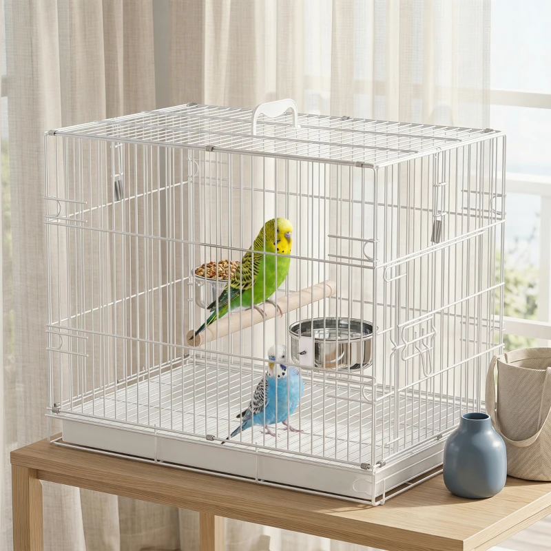 PawHut Bird Cage Foldable Portable Budgie Cage with Wooden Perch 2 Bowls for Travel 49 x 31 x 40 cm White