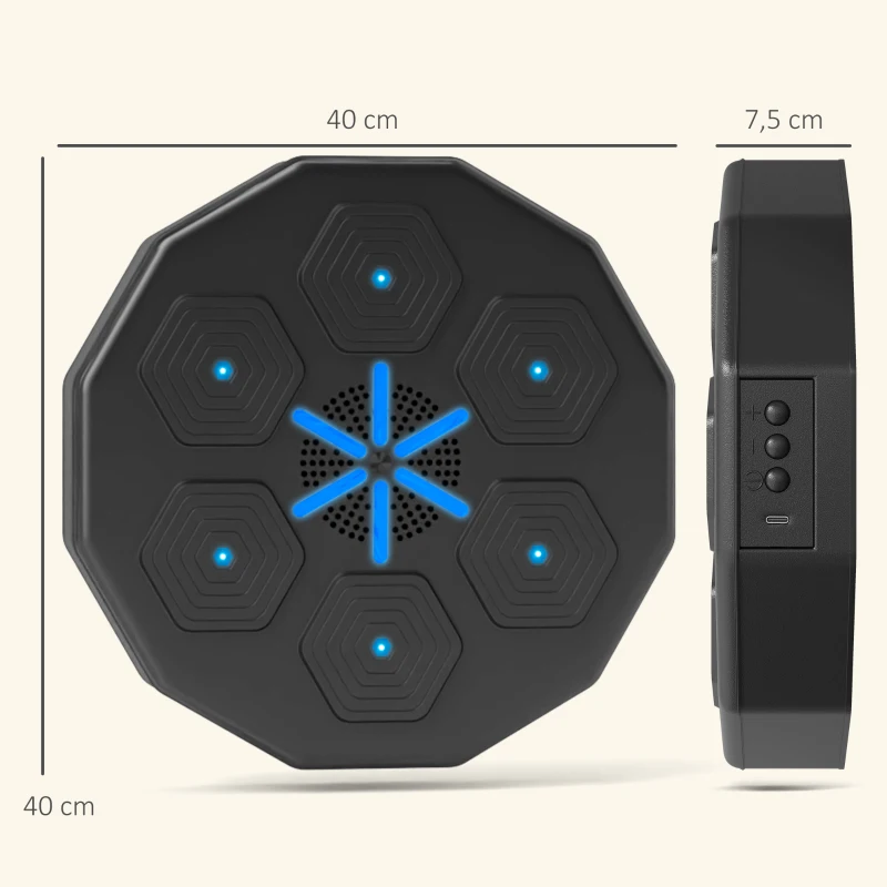 SPORTNOW Macchina da Boxe Musicale a Parete, con Connessione Bluetooth e Luci Blu, 40x40 cm, Nero