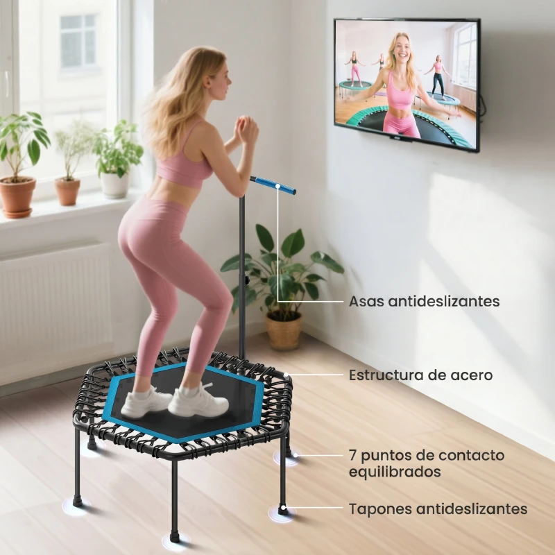 SPORTNOW Trampolín de Fitness 114x114x132 cm con Mango Ajustable de 3 Niveles y Marco de Acero Azul